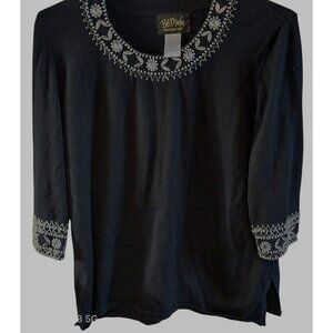 Bob Mackie Wearable Art Black Top With Beaded Neck & Sleeves Boho Cottage Core